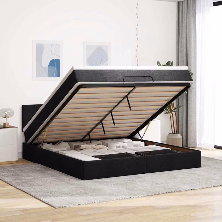 Struttura Letto con Contenitore a Sollevamento e Materasso vidaXL in Tessuto Nero L: 160 cm, P: 200 cm, H: 280 cm