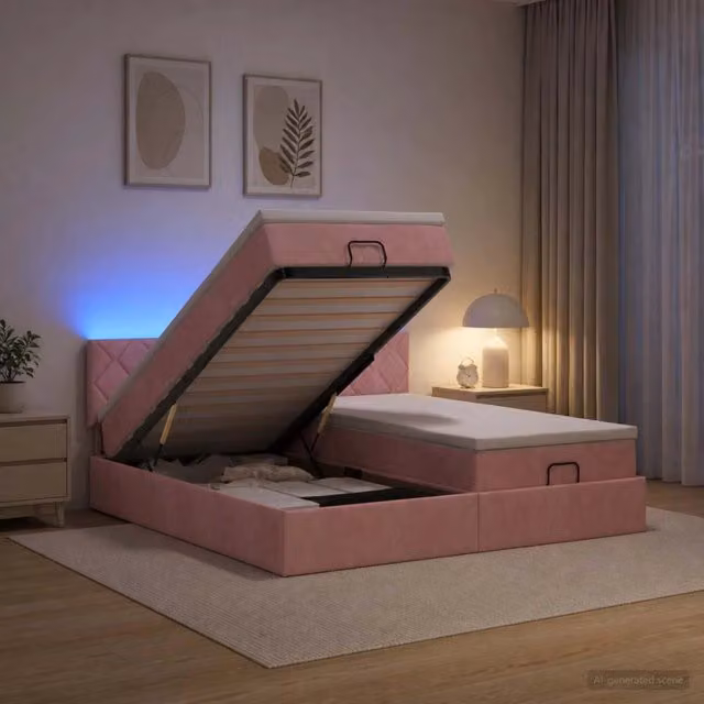 Letto Ottomano con Materasso vidaXL in Velluto Rosa e Bianco con Illuminazione LED e Porte USB L/P/H: 200 x 200 x 88 cm