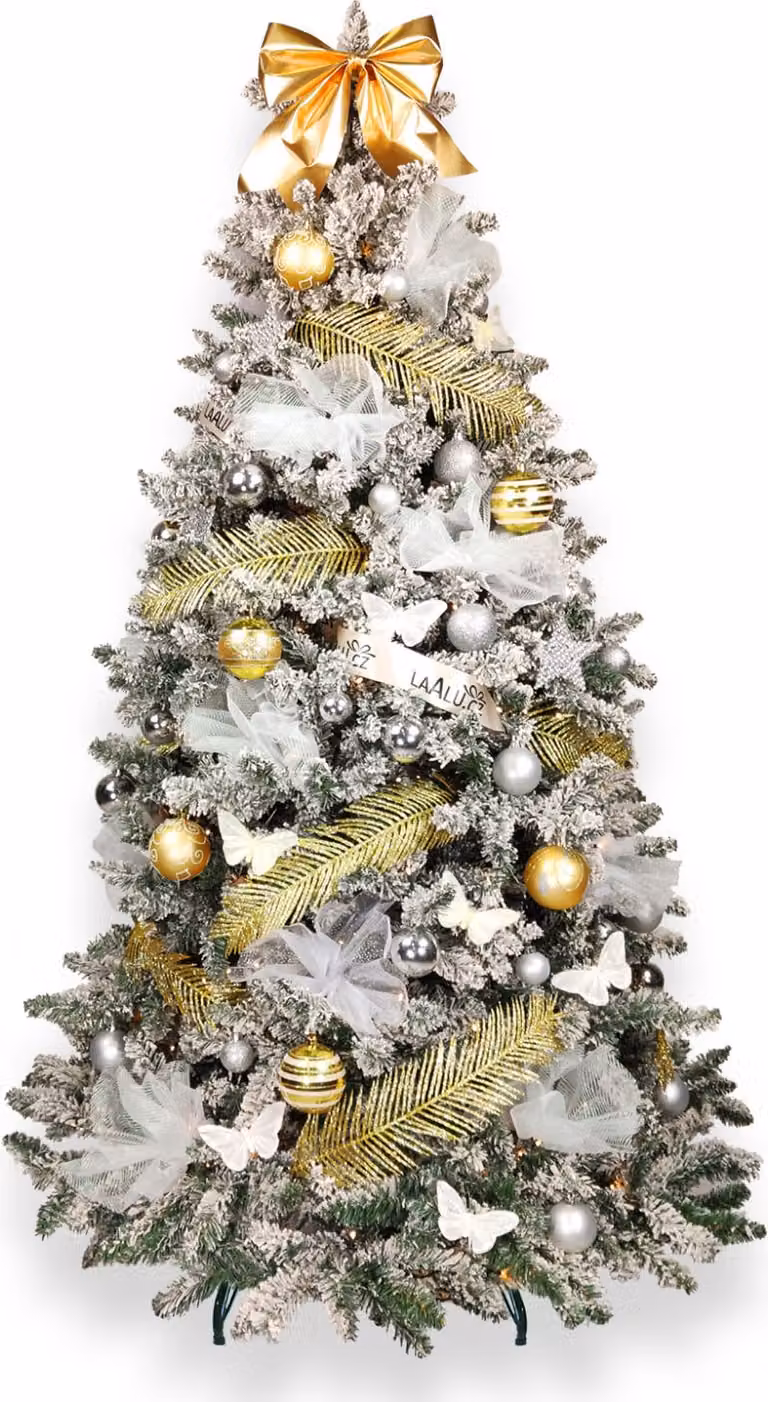 Albero di Natale artificiale decorato con 100 ornamenti ELEGANZA LUMINOSA 150 cm con supporto e ornamenti natalizi