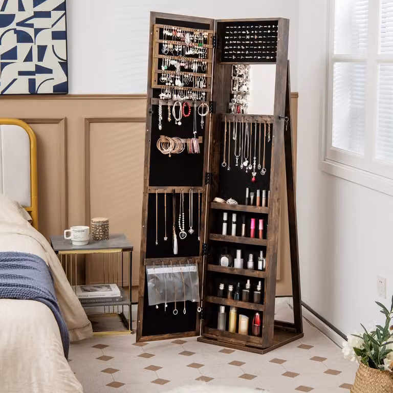 Armadio portagioie 2 in 1 Costway con specchio interno e 30 ganci per collane, colore marrone