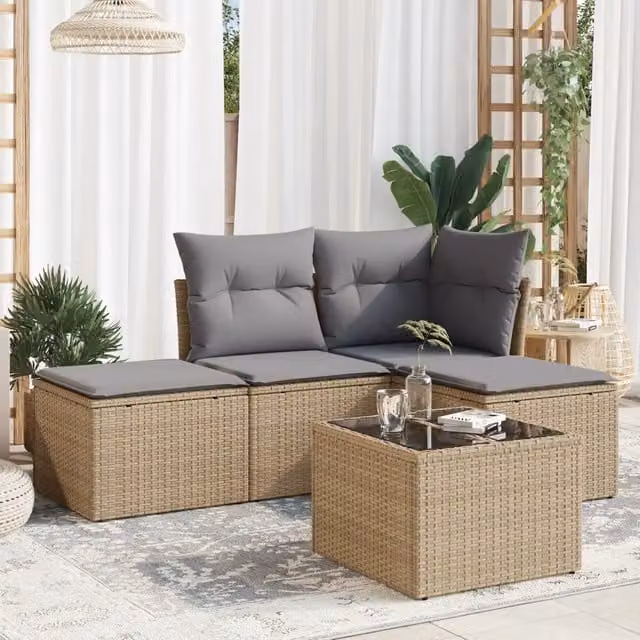 Set Divano da Giardino 5 pz con Cuscini-Sofa da Giardino-Divanetto da esterno Beige in Polyrattan 193812