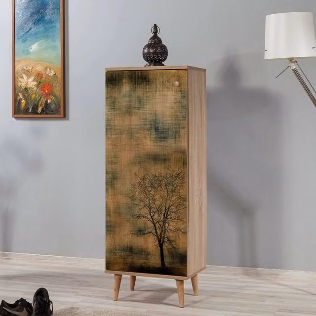 Scarpiera a parete DMORA Dacrydium in legno color quercia marrone, L: 50 cm, P: 38 cm, H: 135 cm – 1