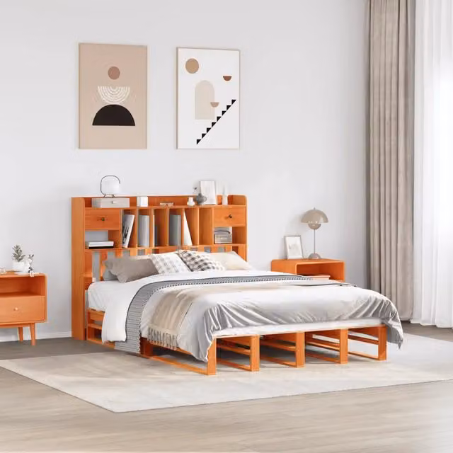 Letto Libreria senza Materasso-Struttura Letto con contenitore Marrone Cera 160x200 cm in Pino 892589
