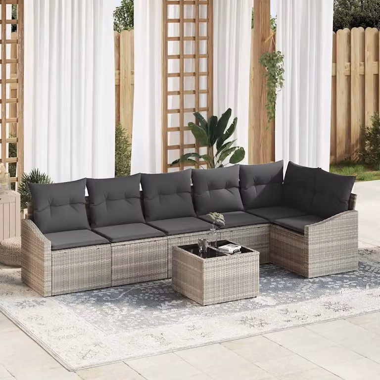 Set Divano da Giardino vidaXL a Forma di L in Polyrattan Grigio con 7 Pezzi e Cuscini Inclusi