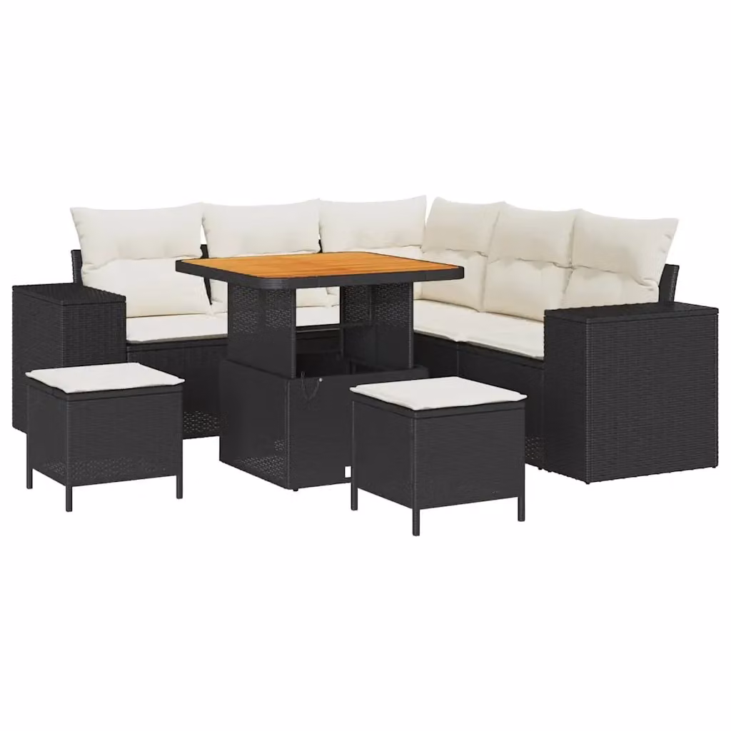Set Divano da Giardino vidaXL 8 Pezzi in Polyrattan con Cuscini Nero e Beige per 7-8 Persone – 2
