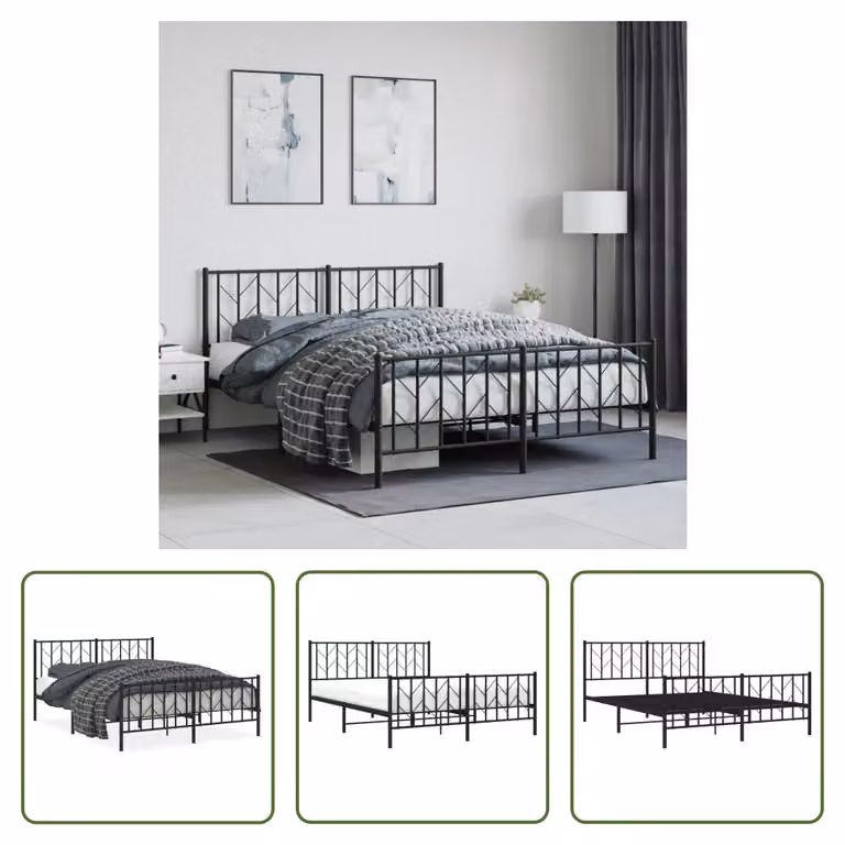 The Living Store Struttura letto con testiera e pediera in metallo nero 150x200 cm