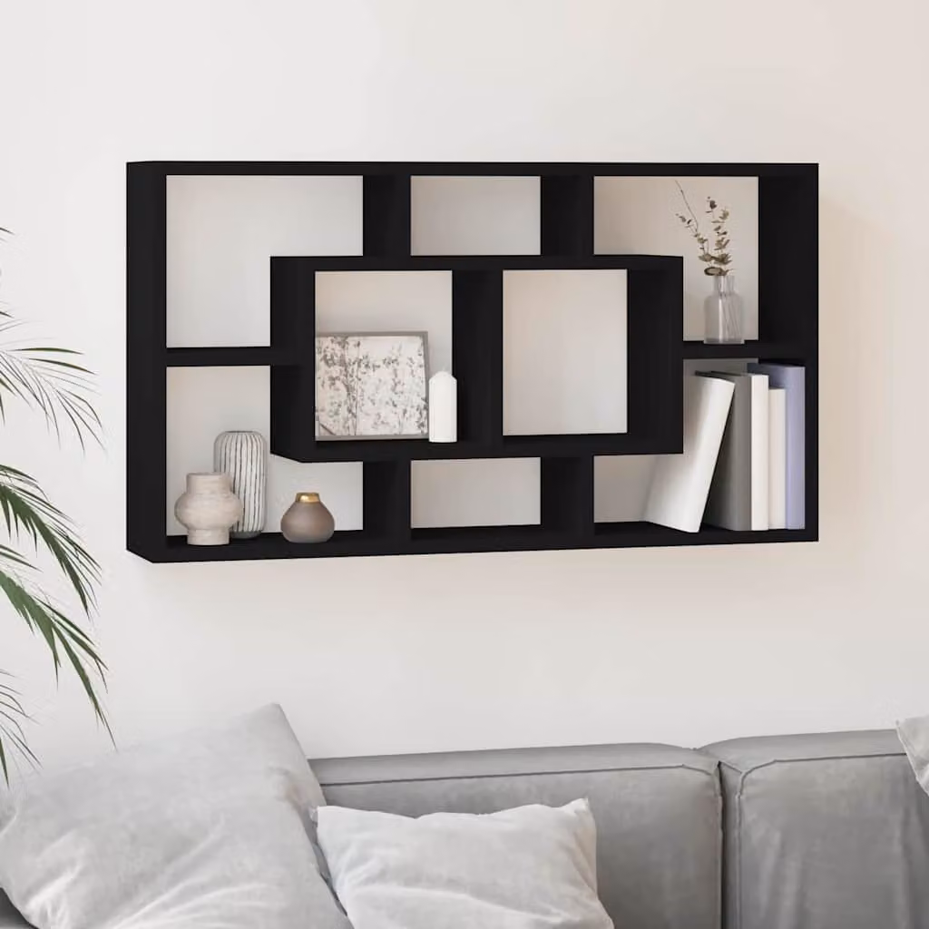 Scaffale a muro moderno vidaXL con 8 scomparti in legno e MDF, colore nero opaco