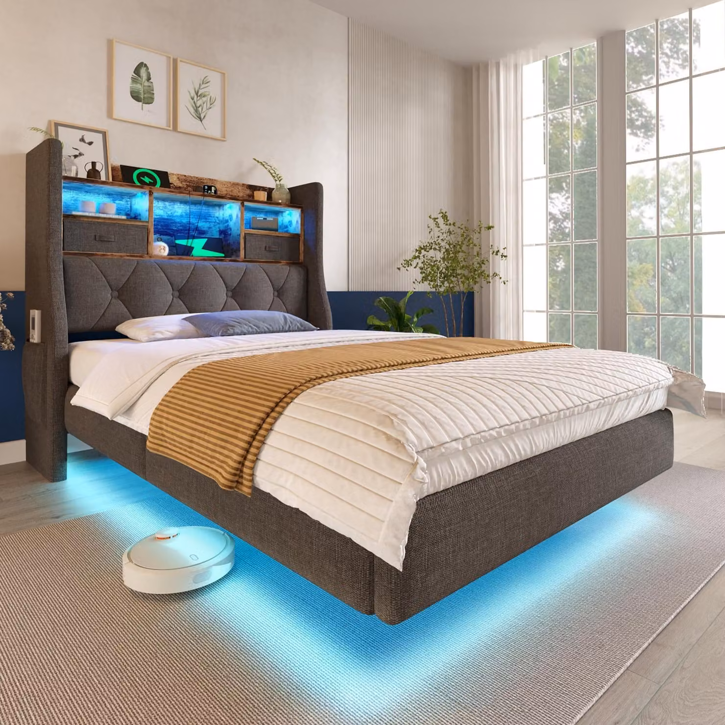Letto imbottito Flieks 90x200cm con USb & Type-c, letto singolo per ragazzi con led, letto contenitore in legno con ripiani e cassetti, biancheria, grigio