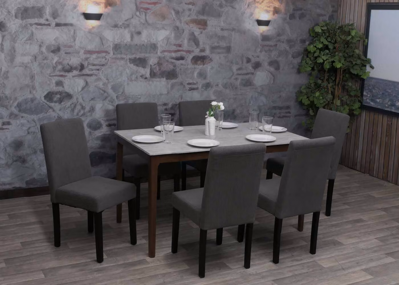 set di 6 sedie da pranzo Littau, sedie da cucina con schienale alto, in tessuto/tessuto, in legno ~ grigio scuro, gambe scure