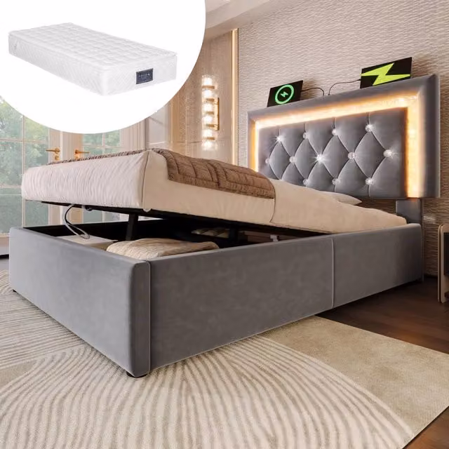 Letto singolo con contenitore Mivray in velluto grigio con illuminazione LED e porte USB e Type-C, L/P/H: 90 x 200 x 101 cm – 1