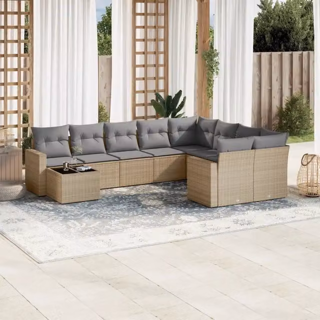 Set Divano da Giardino Moderno VIDAXL in Polyrattan con Cuscini Beige, 10 Pezzi, Forma a L