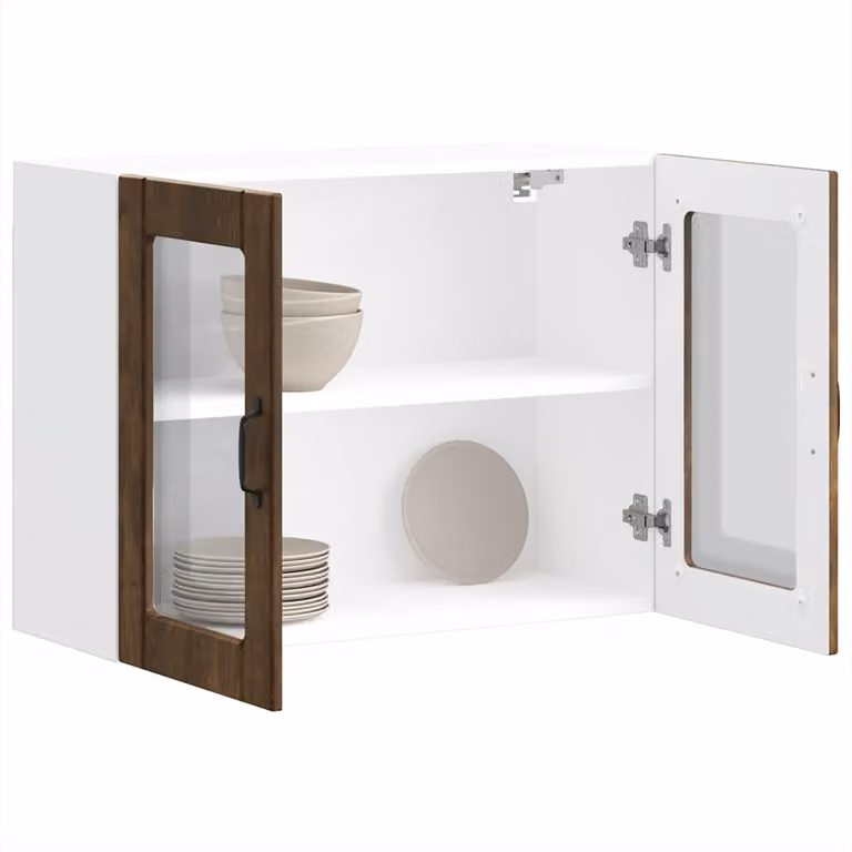 Pensile da cucina moderno vidaXL con ante in vetro, bianco e marrone, L 80 x P 25 x H 60 cm