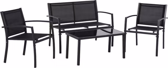 Set da giardino esterno moderno a 4 pezzi composto da divano a 2 posti, 2 poltrone, tavolino in vetro e cuscini in tessuto, struttura in acciaio verniciato nero