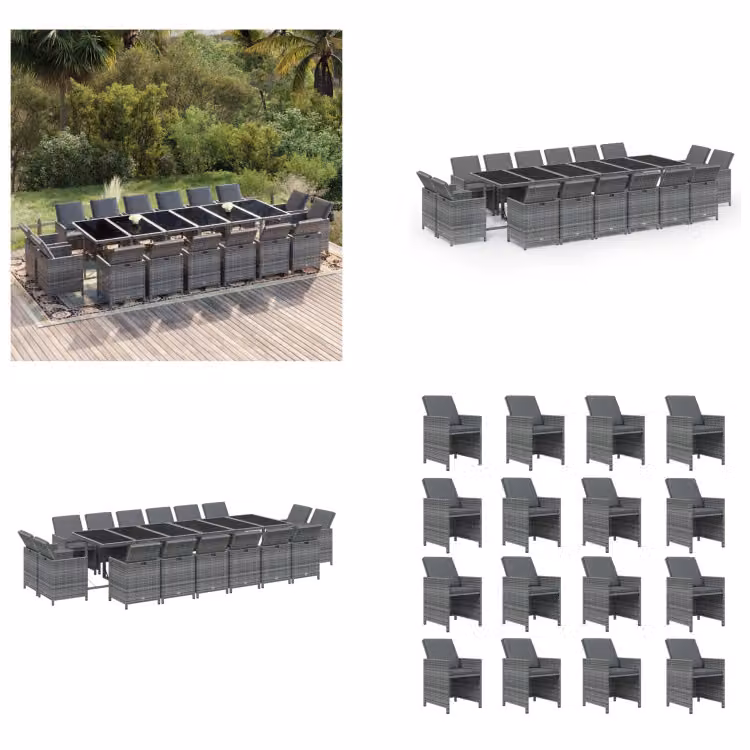 vidaXL Set da pranzo da giardino 17 pezzi con cuscini in polirattan grigio - Set da pranzo da giardino - Set da pranzo da esterno - Set da pranzo da giardino - Set da pranzo da giardino