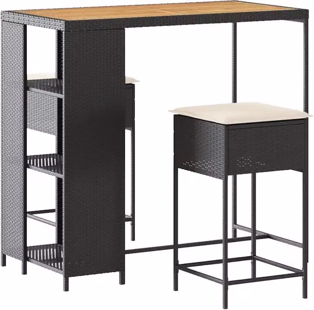 Set Bar da Giardino 3 pz | Set Salotto da Giardino con Cuscini in Polyrattan Nero