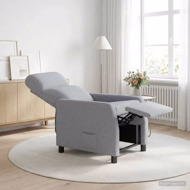Poltrona reclinabile relax in tessuto grigio con braccioli e struttura moderna per soggiorno o ufficio