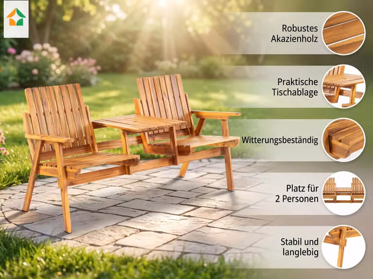 Panchina da giardino a due posti con ripiano in legno di acacia, ca. 153x65x82 cm - Marrone