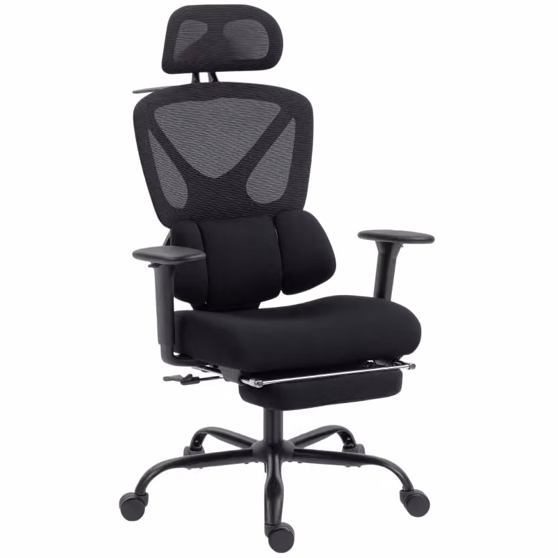 Sedia da Ufficio Ergonomica Girevole con Poggiatesta e Poggiapiedi, in Tessuto Nero – 2