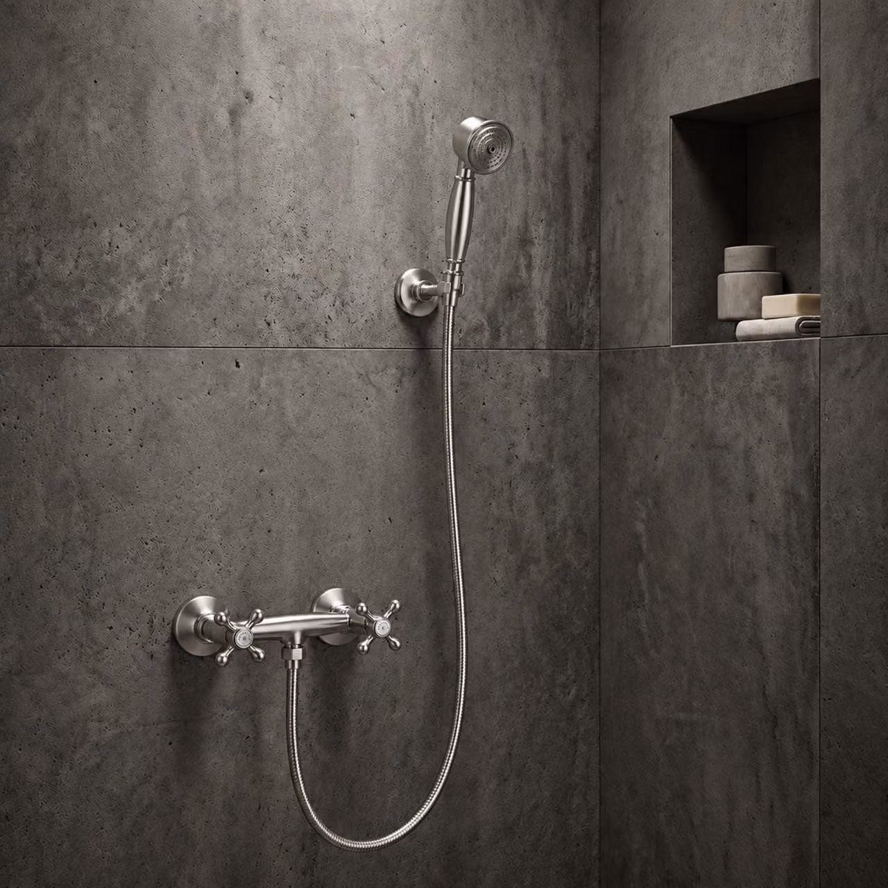 Miscelatore per doccia con doccetta manuale, acciaio inossidabile, serie Heritage Ascot, marca Aquanello