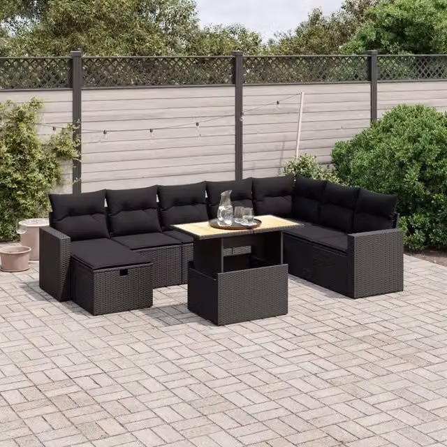 Set Divani da Giardino 9 pz con Cuscini Nero in Polyrattan 3271447