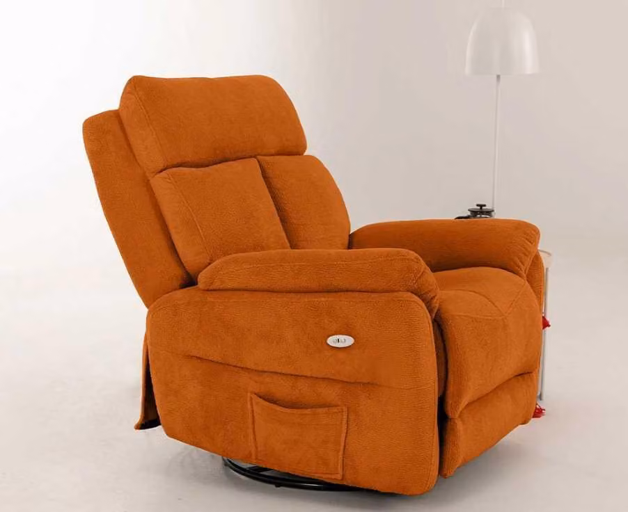Poltrona reclinabile moderna color arancione, con funzione relax e poggiapiedi