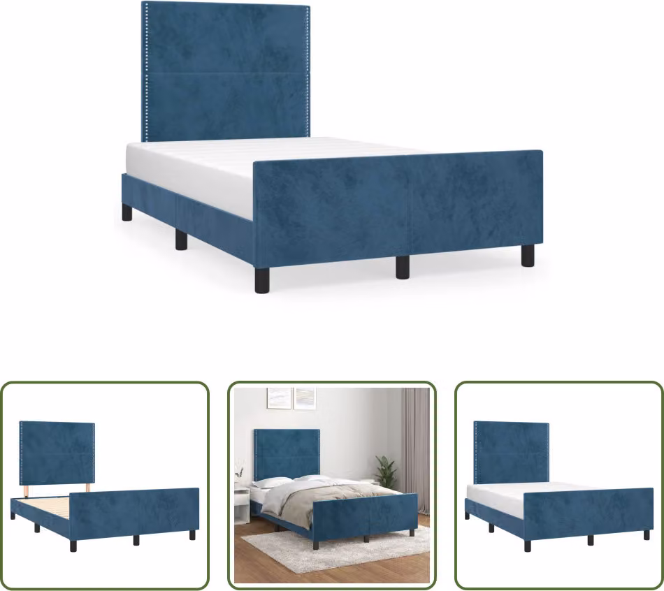 The Living Store Struttura letto con testiera in velluto blu scuro 120x190 cm
