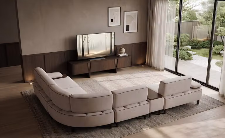 Set soggiorno: divano angolare, mobile TV a basso profilo, stile moderno, colori marrone e bianco, lusso