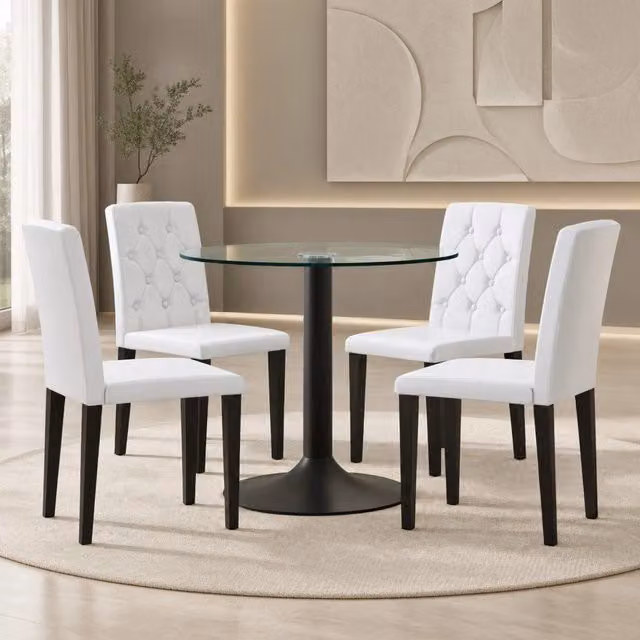 Set tavolo rotondo in vetro Ø85 cm con 4 sedie bianche in PU