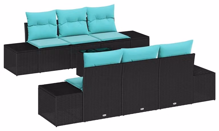 Set di divani da esterno, 7 pezzi, colore nero, materiale: rattan sintetico