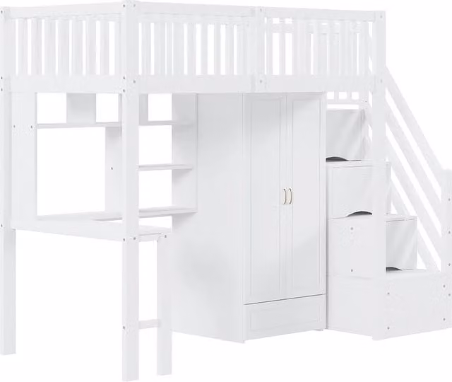 Letto a soppalco in legno massello 90×200 cm bianco con guardaroba, scrivania, scaffale e scala a cassetti, per bambini e ragazzi, senza materasso