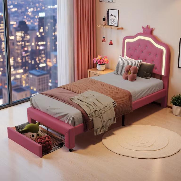Letto per bambini UnboxG 90 x 200 cm con illuminazione a LED e cassetto - Letto in Finto cuoio, rosa, letto singolo con luce sulla testata, vano portaoggetti e stabile rete a doghe