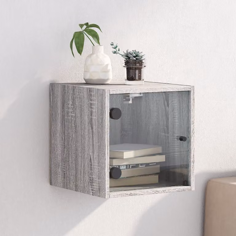 Comodino moderno vidaXL con anta in vetro, colore grigio, sospeso a parete, L: 37 cm, P: 35 cm, H: 35 cm