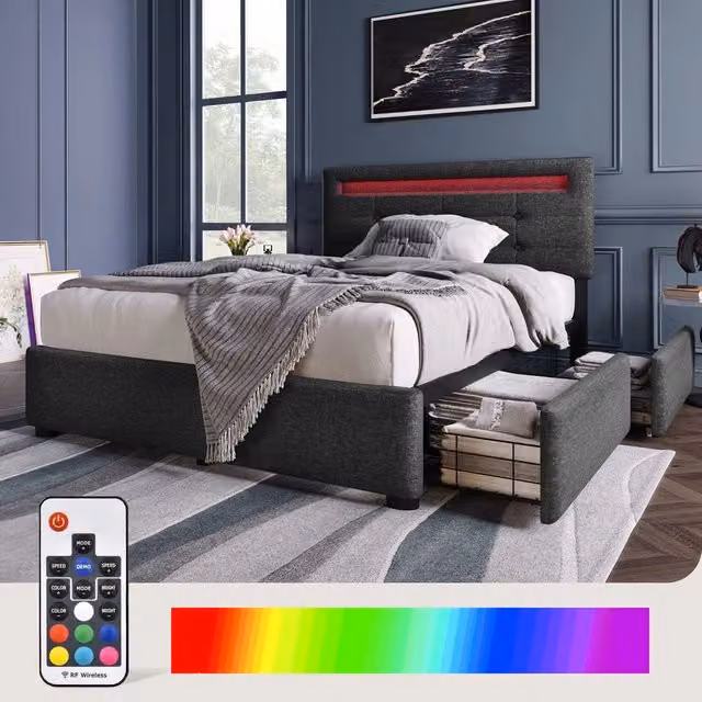 Letto singolo 90x200cm - Xylo - LED 2 cassetti regolabili grigio