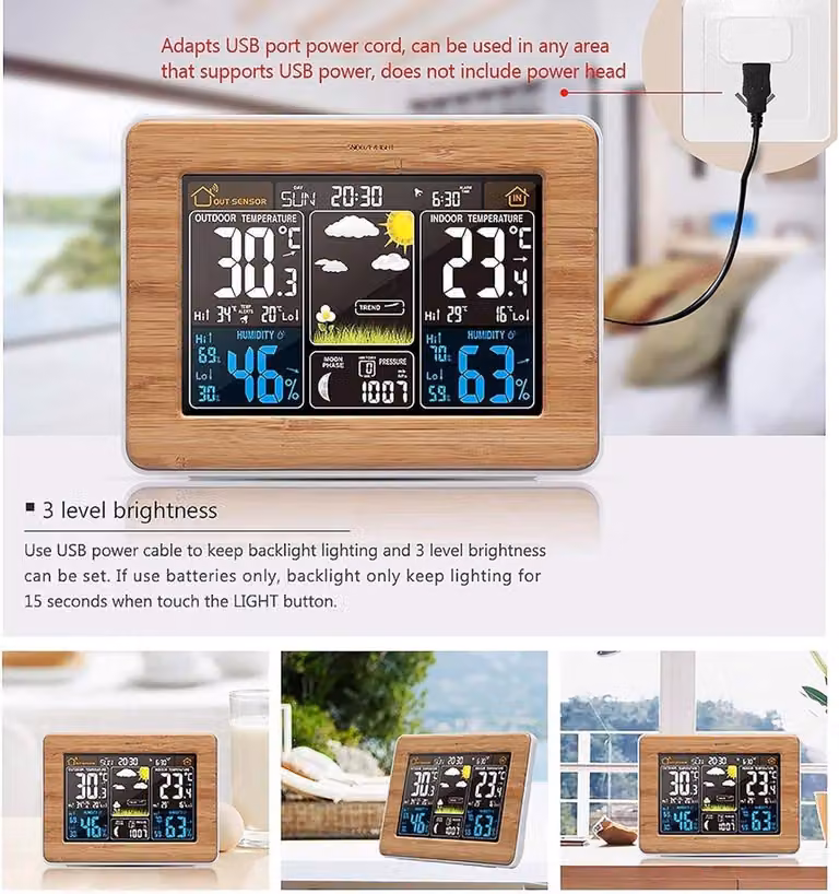 Stazione meteorologica wireless con sensore esterno, orologio radio DCF, display digitale a colori e previsioni del tempo