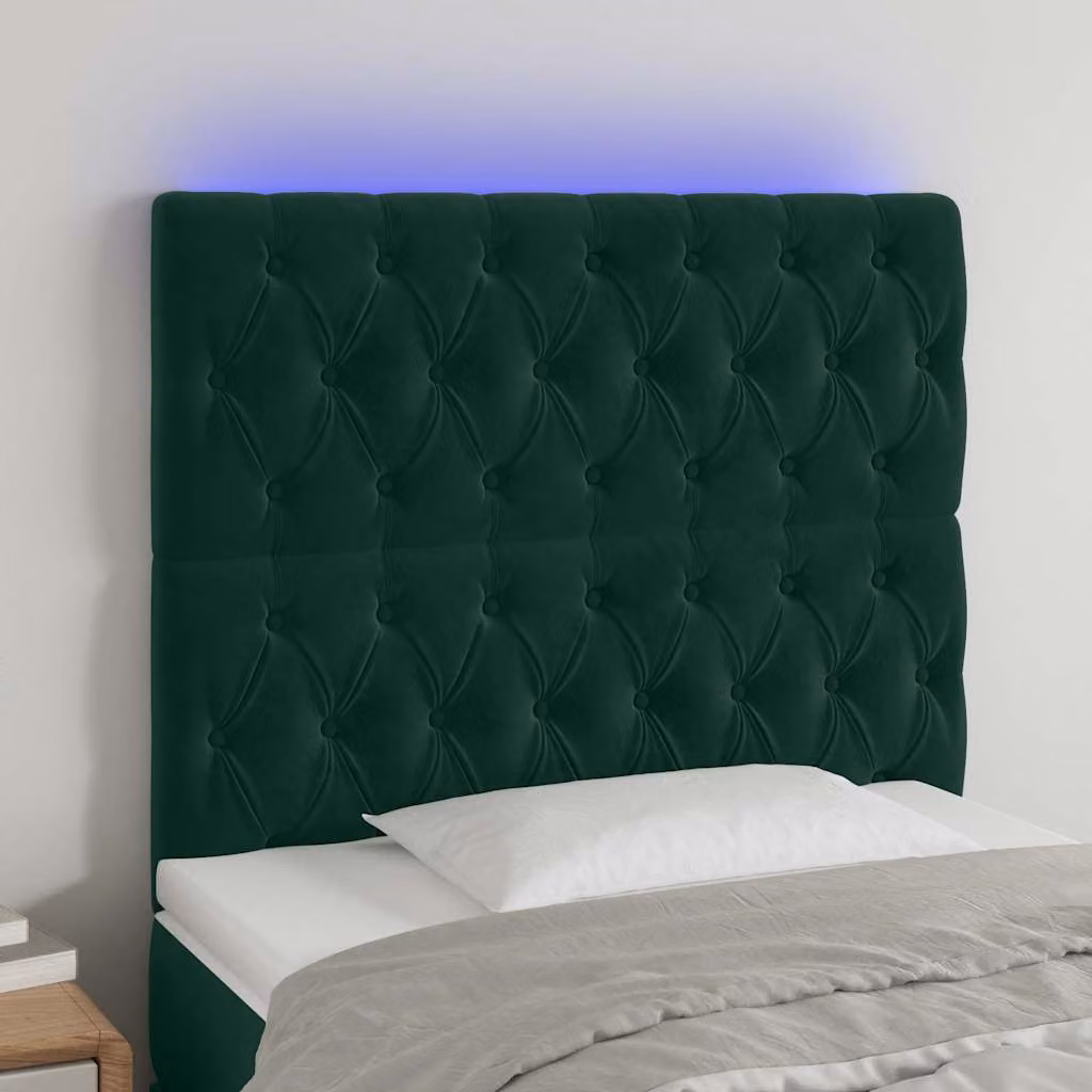 Testiera per letto vidaXL in velluto verde scuro con illuminazione LED integrata e porta di ricarica USB, L: 100 cm, H: 118-128 cm, P: 7 cm
