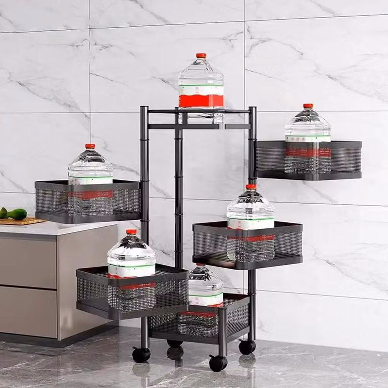 Ripiano girevole per cucina - Carrello con cesti in filo metallico - 5 ripiani - Rotazione a 360° con ruote bloccabili - Contenitore in metallo per verdura e frutta - colore nero