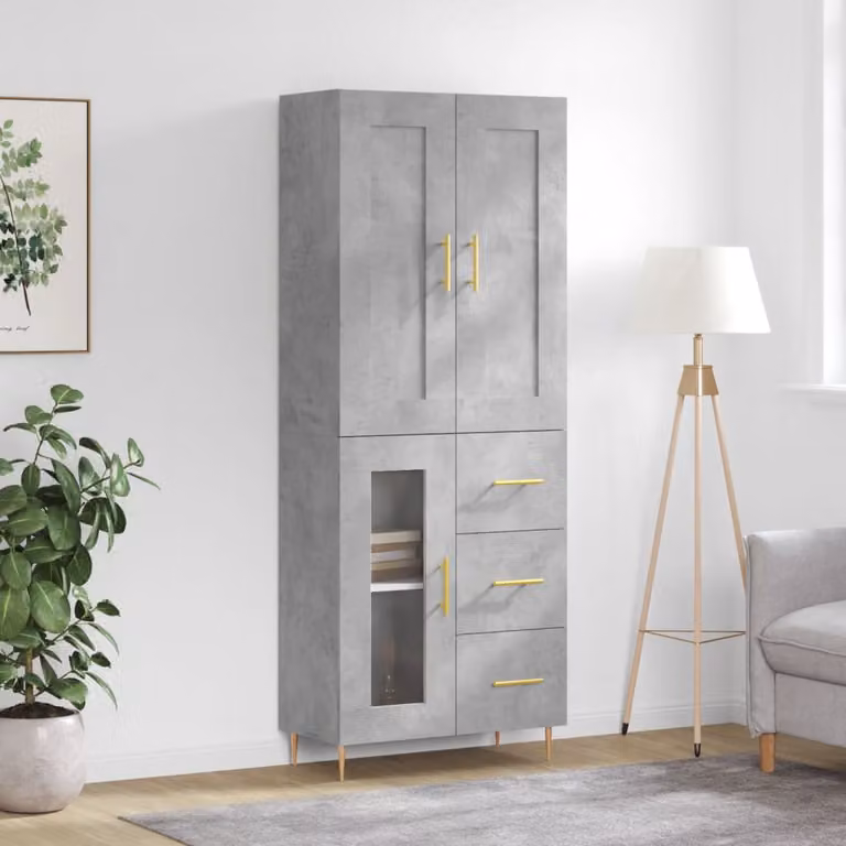 Credenza moderna vidaXL in legno multistrato e metallo, colore grigio, L: 69,5 cm, P: 34,0 cm, H: 180,0 cm