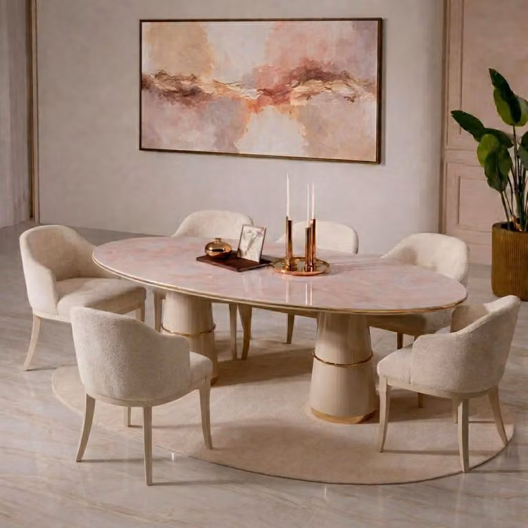 Set da pranzo in beige: grande tavolo da pranzo, sedie, mobili da sala da pranzo