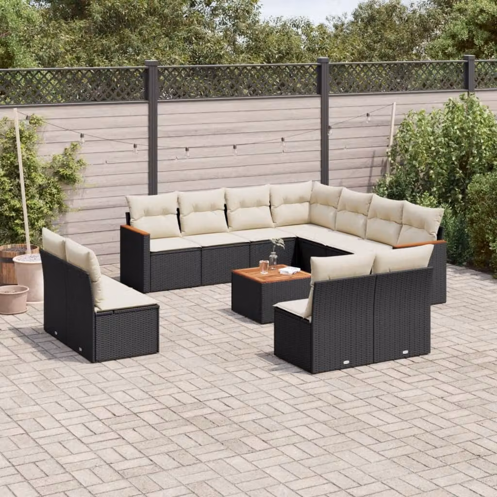 vidaXL Set Divani da Giardino a Forma di U in Polyrattan con Cuscini e Tavolino da Caffè, Nero e Bianco – 1