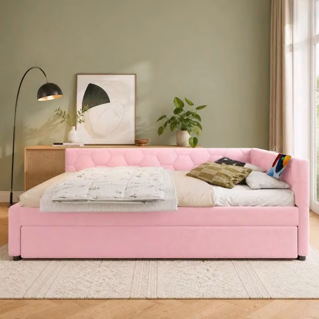 Daybed 140x200 cm con rete, divano letto estraibile multifunzione, luce da comodino, USB e Type-C, rosa