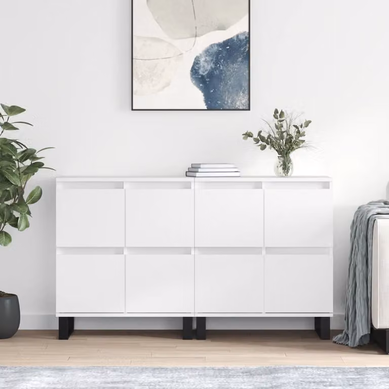 Set di 2 credenze vidaXL in legno multistrato e MDF, colore bianco opaco, L: 120 cm, P: 35 cm, H: 70 cm