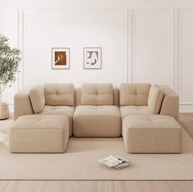 Divano angolare modulare in velluto a coste con seduta profonda 74 cm; beige