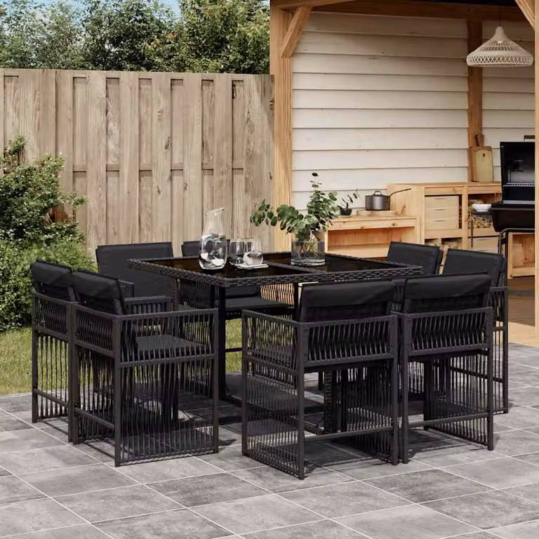 vidaXL Set da Pranzo da Giardino 9 pz in Polyrattan Nero con Cuscini e Tavolo in Vetro