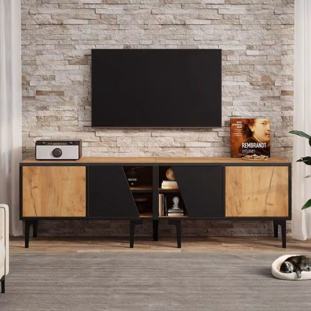 Mobile TV per soggiorno MINIMAL in legno naturale e nero con 4 ripiani, L 160 cm x P 36,5 cm x H 45 cm
