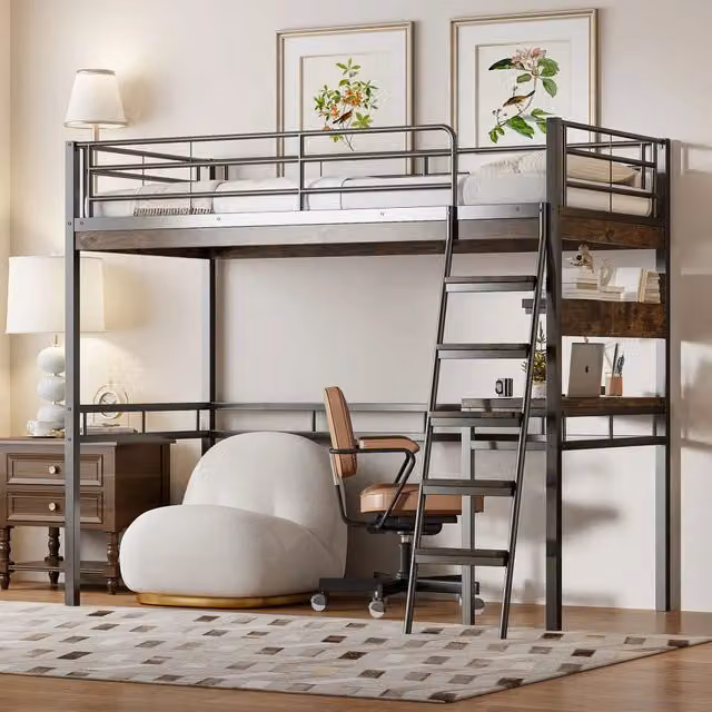 Letto a castello nero con scrivania e scaffali in metallo e mdf 90x200 cm