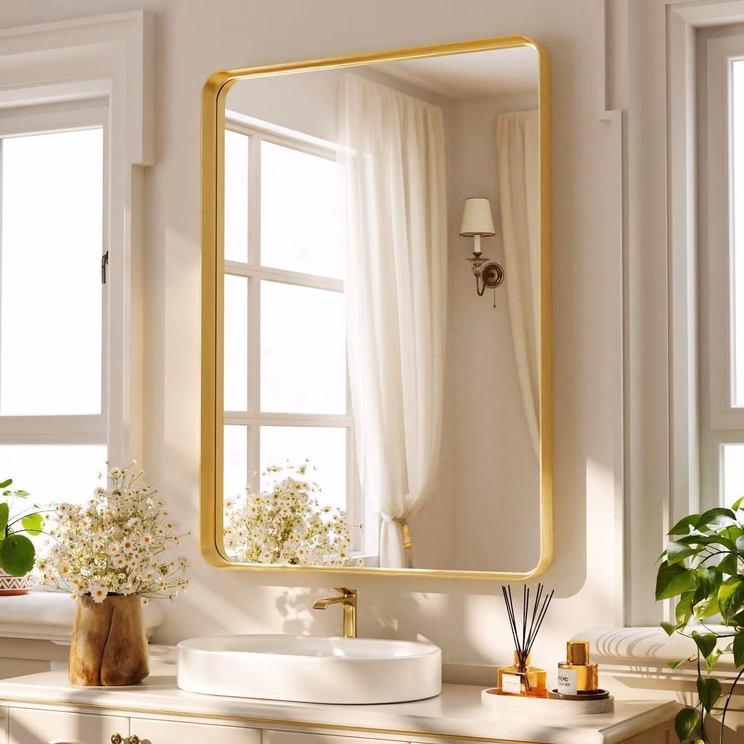 Specchio da parete rettangolare con cornice profonda, 75 x 55 cm, finitura oro opaco, struttura in alluminio