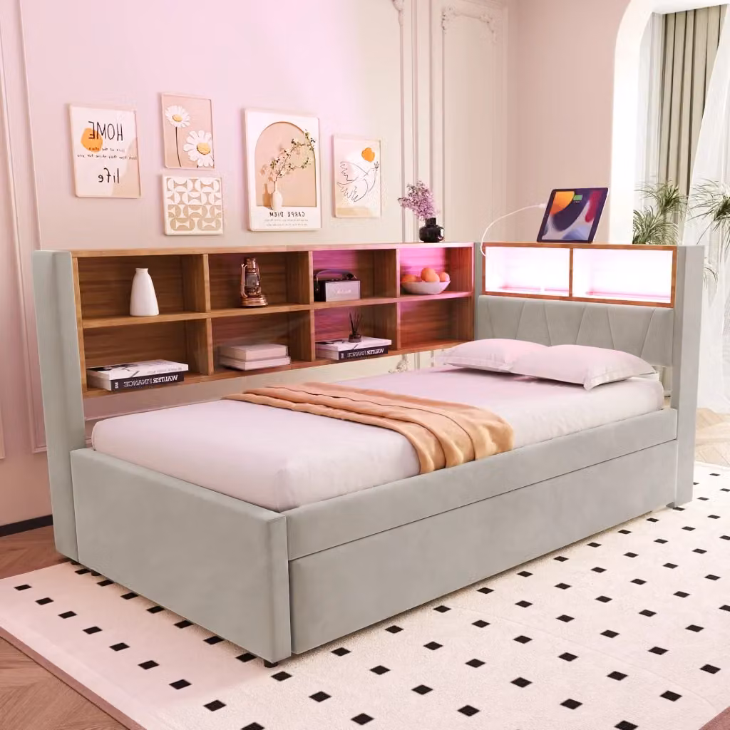 Letto estraibile matrimoniale con illuminazione LED, porte USB e Type-C, ripiani integrati e struttura imbottita in tessuto, colore grigio, L/P/H: 200 x 90 x 103 cm – 2