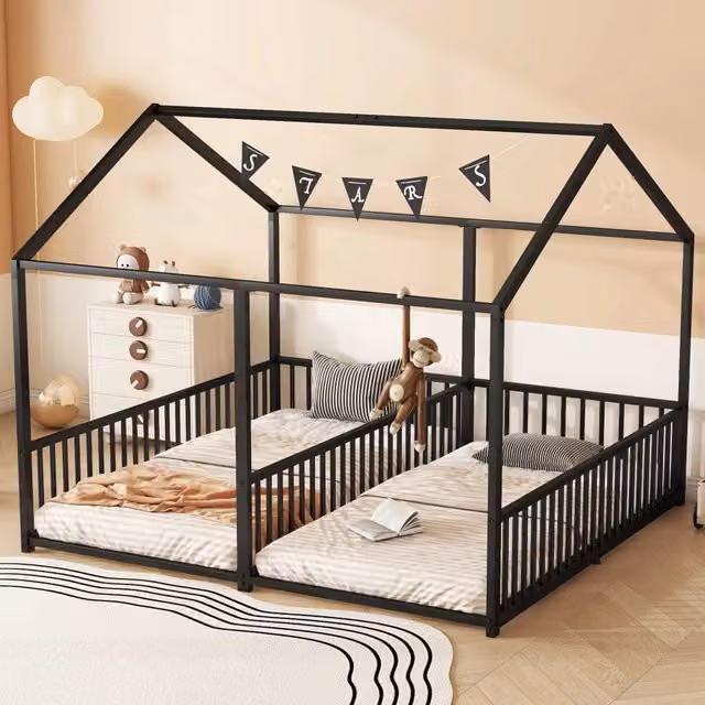 Letto a casetta 90×200 cm, Letto Singolo con Sponde di Sicurezza, Scaletta e Struttura in Metallo, senza Materasso, Nero