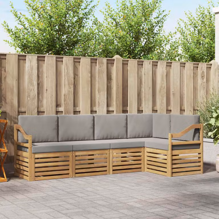 Set di divani da esterno vidaXL a forma di L composto da 5 pezzi in legno di acacia con cuscini bianchi e grigi