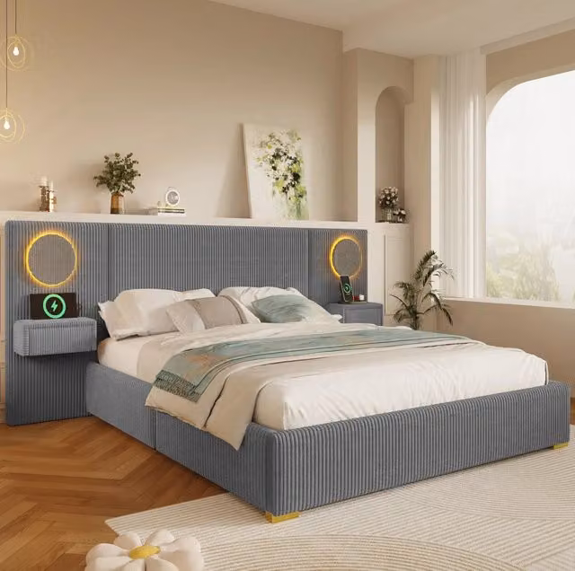 Letto imbottito 180x200 cm in velluto grigio con testiera LED, porte USB e cassetti comodino